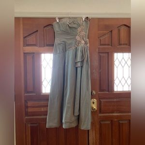 vintage Montage by Mon Cheri strapless gown 12 iridescent olive green